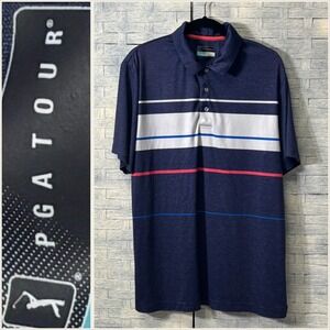 Mens PGA TOUR ProSeries Golf Polo Shirt XL Blue Stripe Athletic Fit Short Sleeve